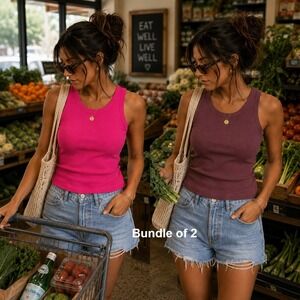 Michael Stars Set of 2 Ribbed Tank Top Womens Medium Pink Burgundy 100% Cotton